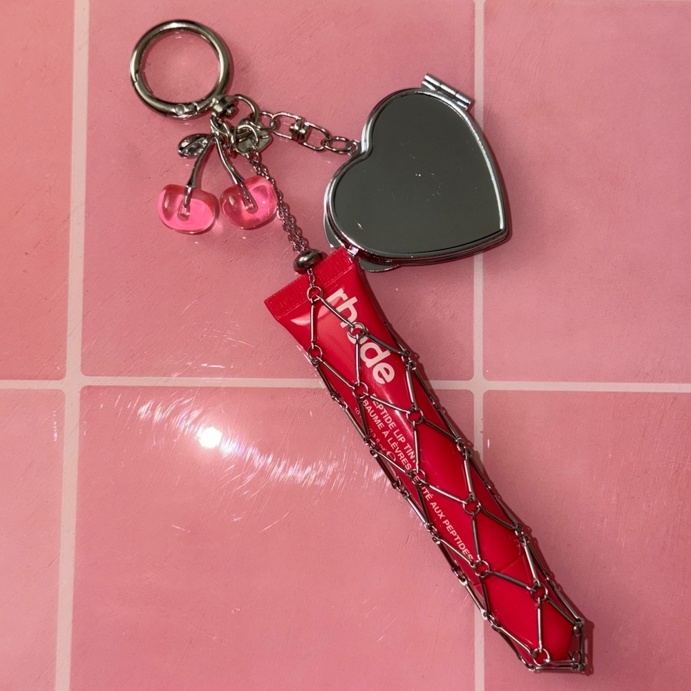 Lip Tint Charm Silver Metal Cage Heart Mirror Cherry Keychain